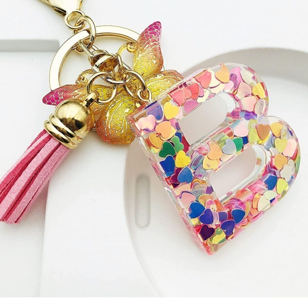 Pink Initials Heart Tassel Keychain